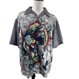 Y2K Chinese Dragon Serpent Tribal Hawaiian Button Up Shirt Men Sz XL Japanese